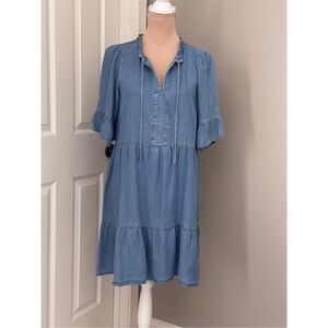 LOFT Chambray Ruffle Tie Neck Tiered Swing Dress